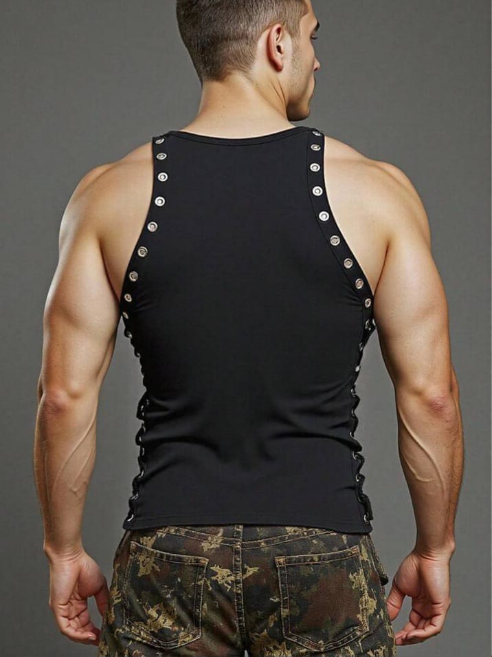 Men's Solid Color Eyelet Lace-Up Tank Top
